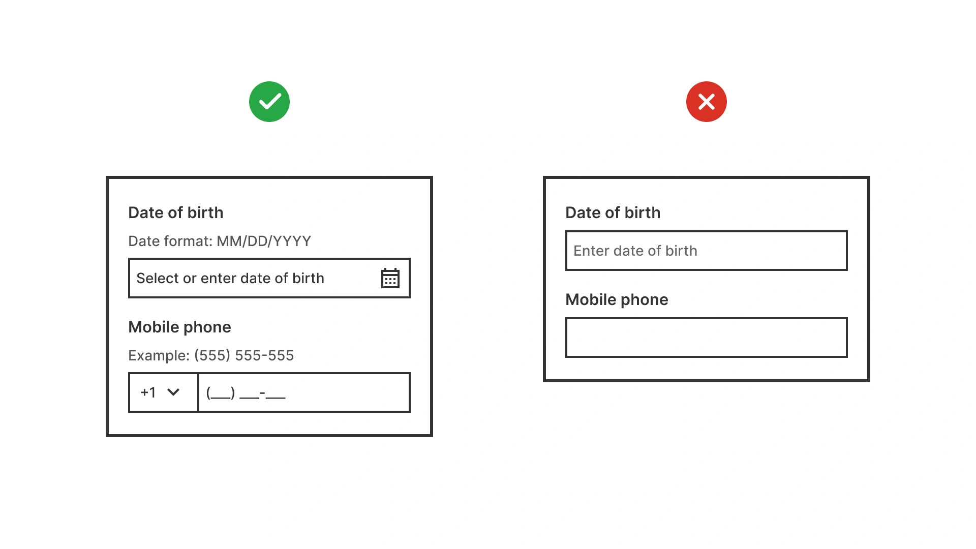 Correct form shows date of birth field with format hint and calendar picker, plus mobile phone field with example format. Incorrect shows plain fields without guidance