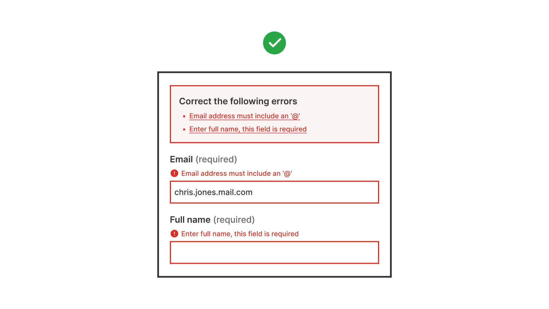 Correct form with error summary at the top. Red box lists multiple errors: missing ‘@’ in email and required full name. Each field also shows inline error messages