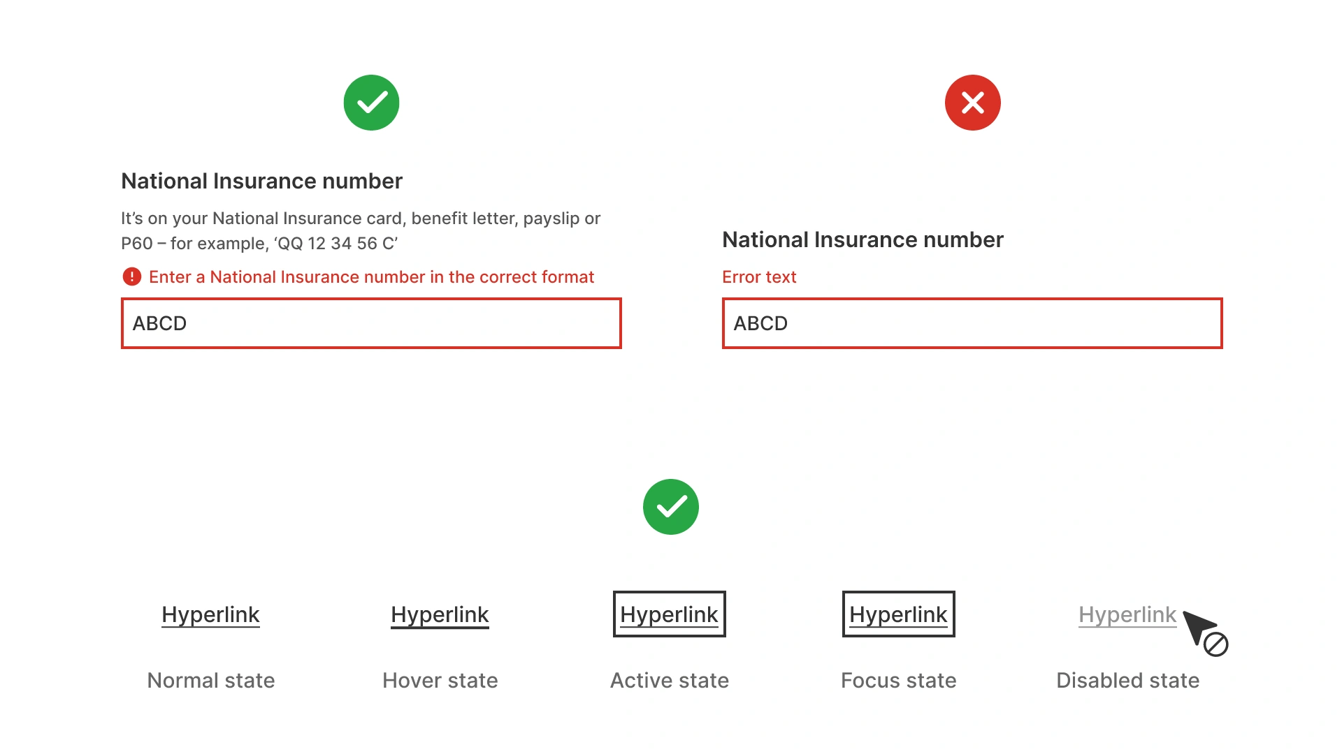 Form validation example: left side shows clear error message with text and icon, right side relies only on red color. Below, hyperlink states are shown: normal, hover, active, focus, and disabled