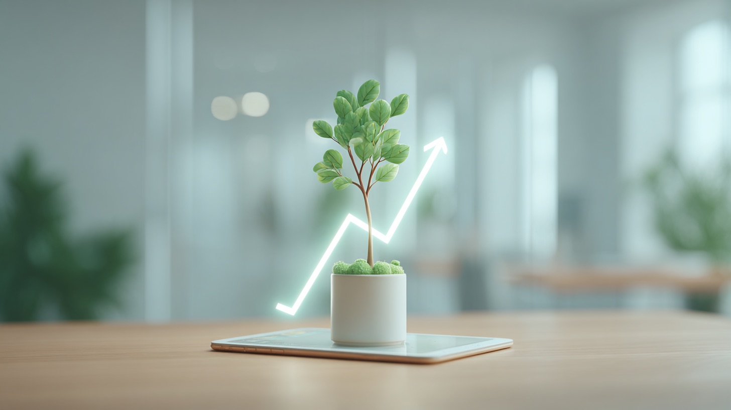 O plantă crescând dintr-o tabletă ce afișează un grafic financiar ascendent, simbolizând investiția într-un site web.