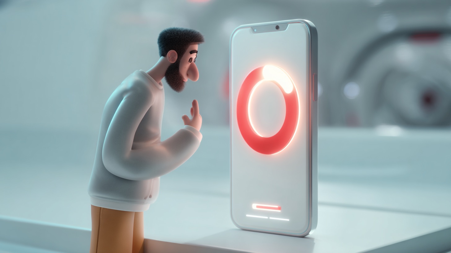 "Frustrated user holding a futuristic smartphone with a spinning loading icon on the screen, in a clean, high-tech environment with soft lighting, symbolizing poor mobile performance and slow loading speeds.