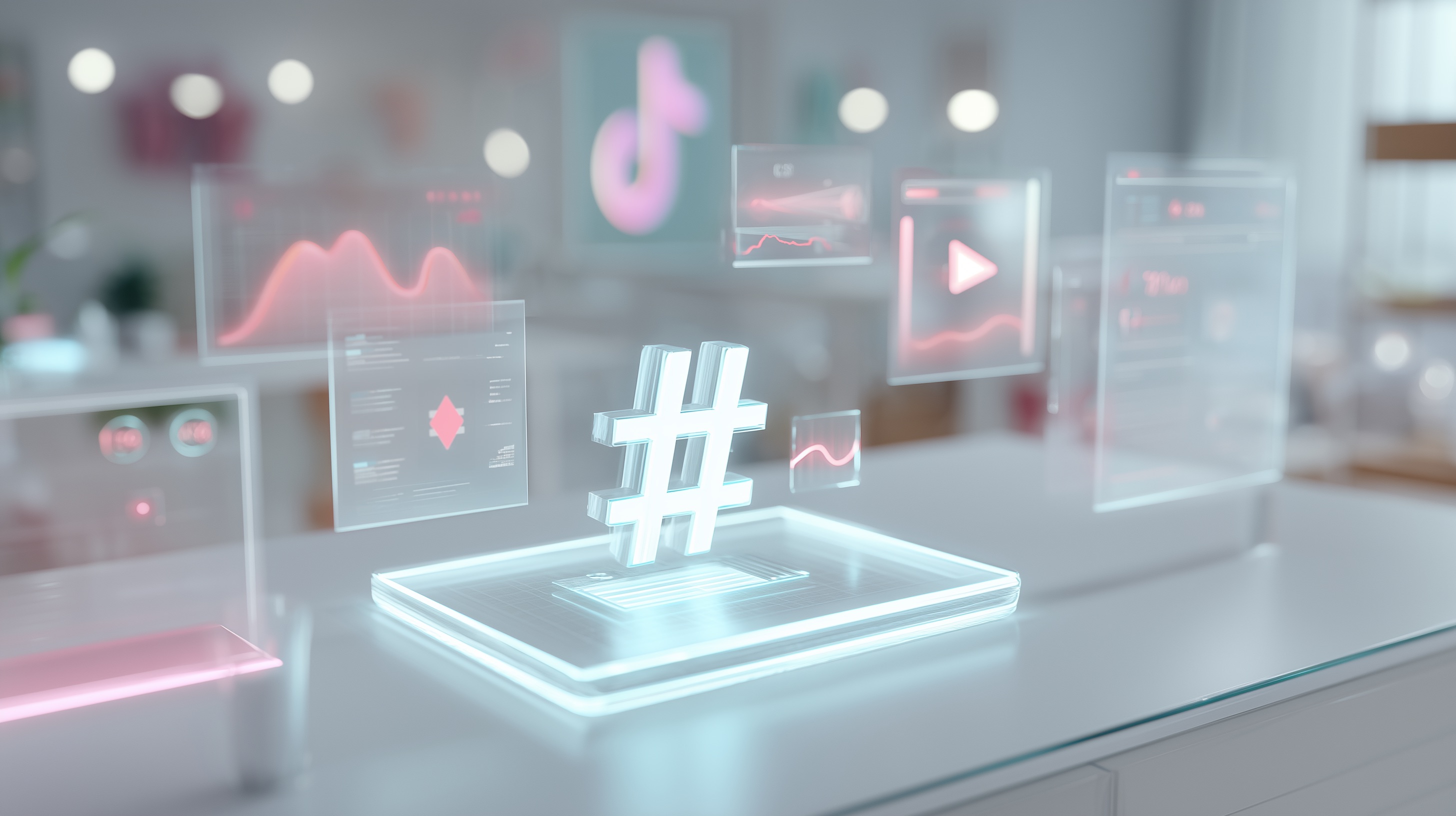Birou minimalist futurist cu simbol hashtag în prim-plan, înconjurat de grafice de tendință, panouri analitice și elemente UI care reflectă strategia de hashtag-uri și creșterea vizibilității pe TikTok.