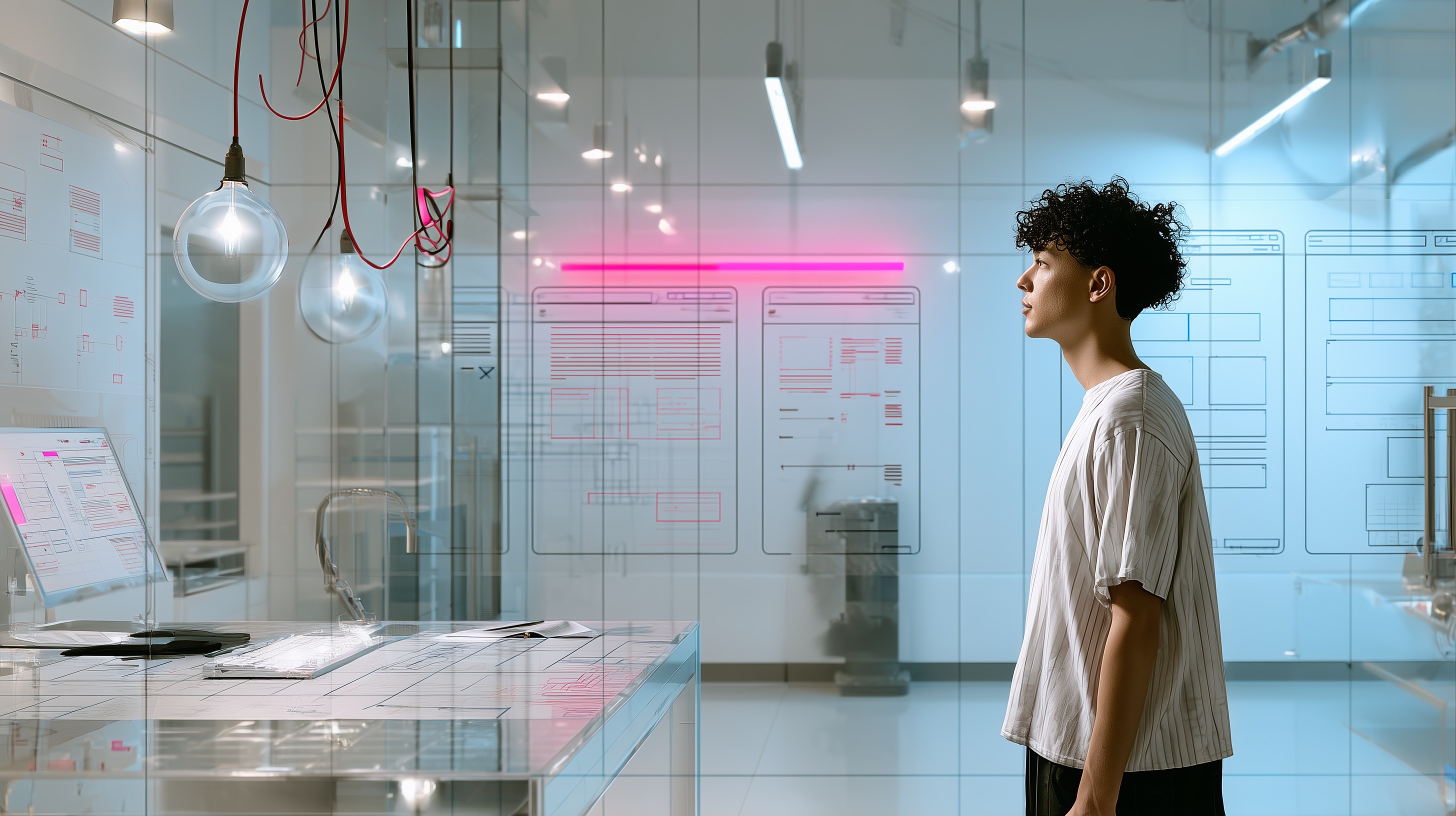 Designer concentrat într-un birou futurist, interacționând cu o machetă de website plutitoare, într-un mediu digital minimalist cu elemente UI luminoase – concept vizual pentru agenție de web design modernă.
