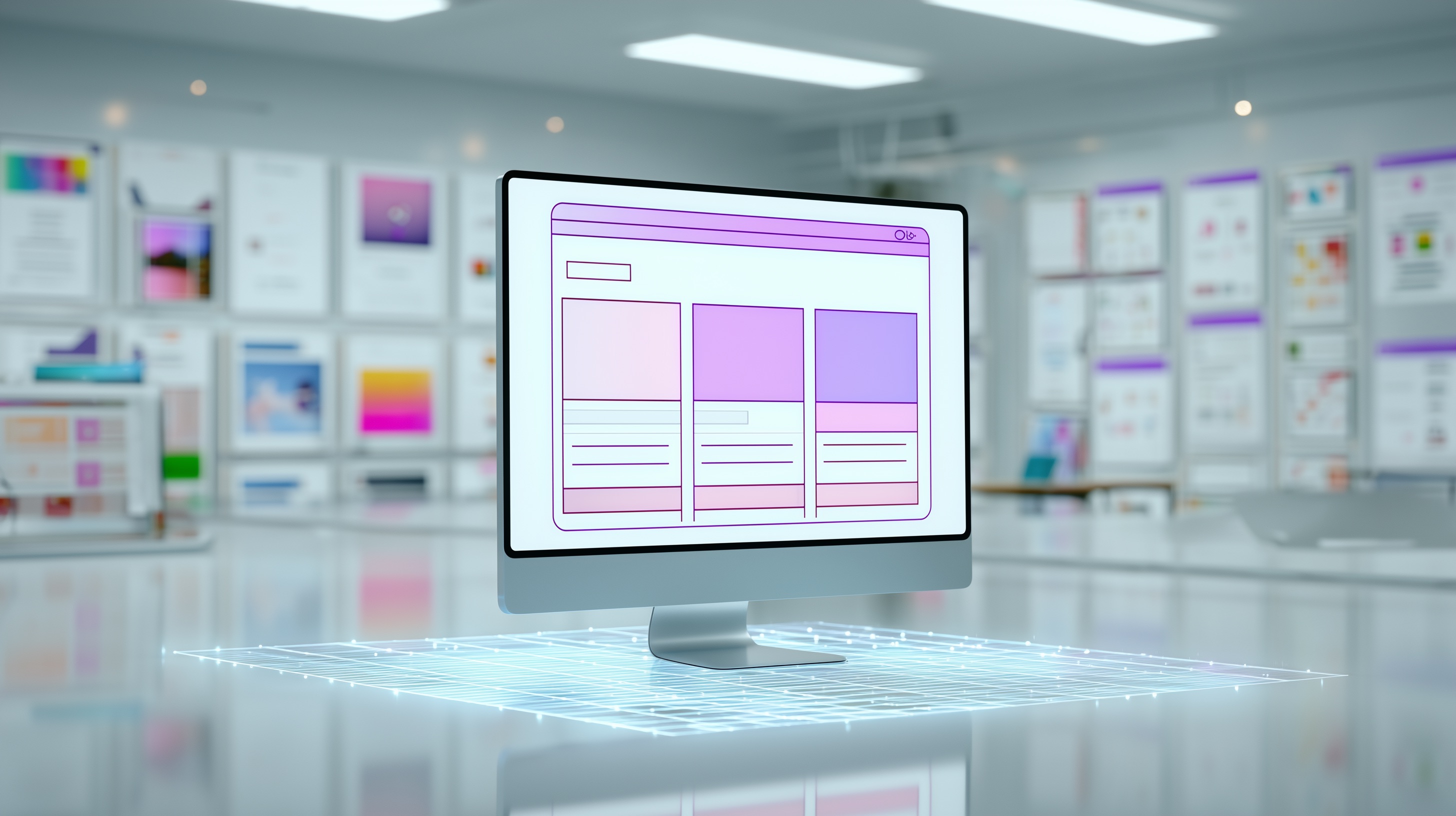 cran digital într-un birou high-tech, care afișează wireframes și elemente abstracte de interfață, sugerând procesul de proiectare vizuală a unui website modern.