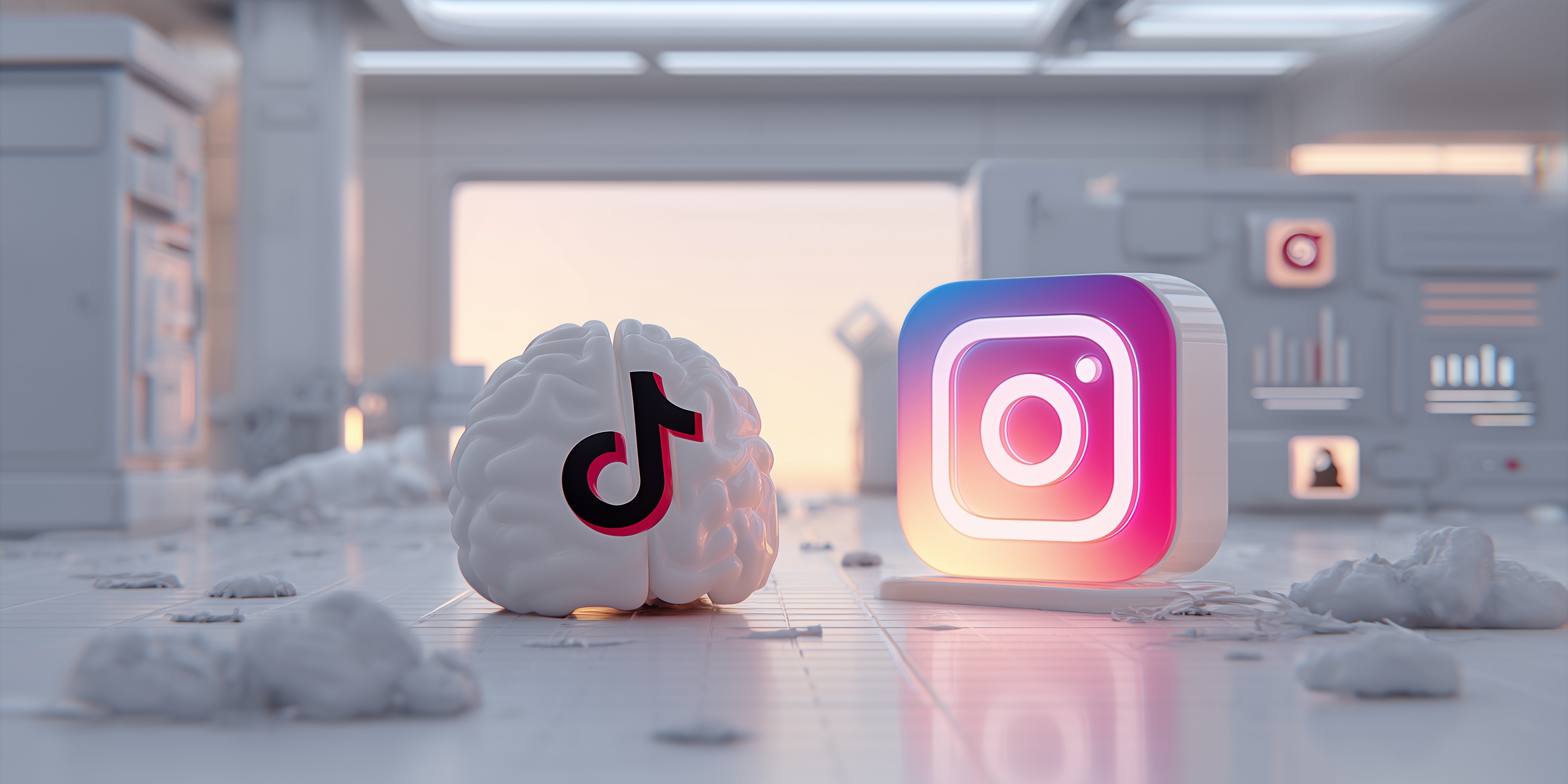 Concept vizual pentru automatizarea marketingului cu AI, arătând un creier cu logo-ul TikTok lângă logo-ul Instagram.