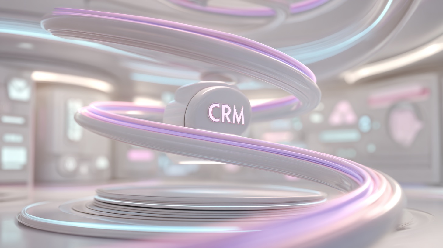 Ilustrație a integrării inteligenței artificiale într-un sistem CRM, cu o sferă centrală și fluxuri de date care se conectează la ea.