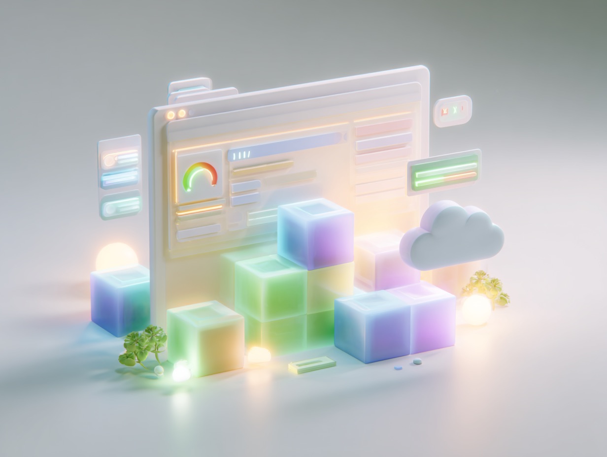 Randare 3D clay a unei structuri web cu blocuri ierarhice, bare de browser, vitezometru și iconițe cloud, simbolizând optimizările tehnice SEO: titluri H1, meta descrieri și viteză site