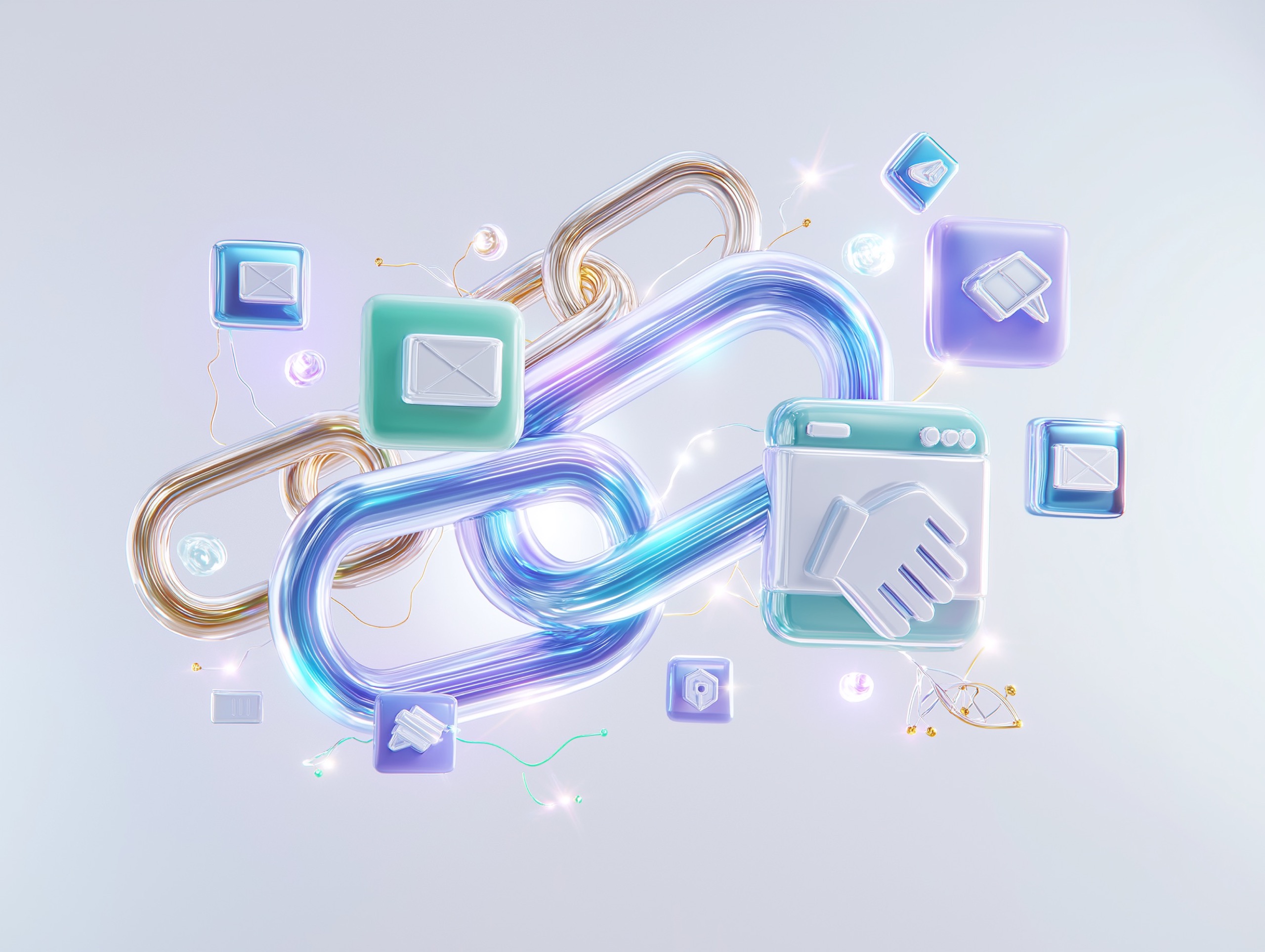 Randare 3D clay cu mai multe ferestre web conectate prin linii clare, alături de iconițe strângere de mână și puzzle, ilustrând backlink-uri de calitate și parteneriate SEO.