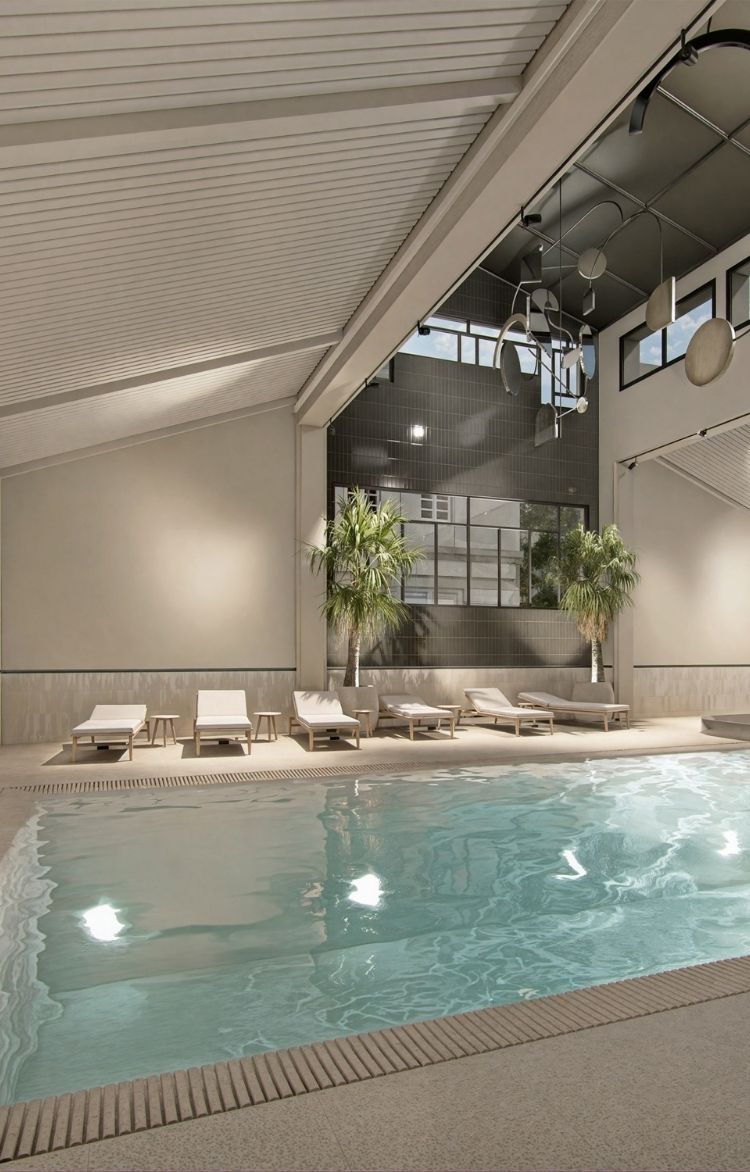 Heated indoor pool at the Grand Hotel de Courtoisville in Saint-Malo, a 4-star spa hotel in Brittany.