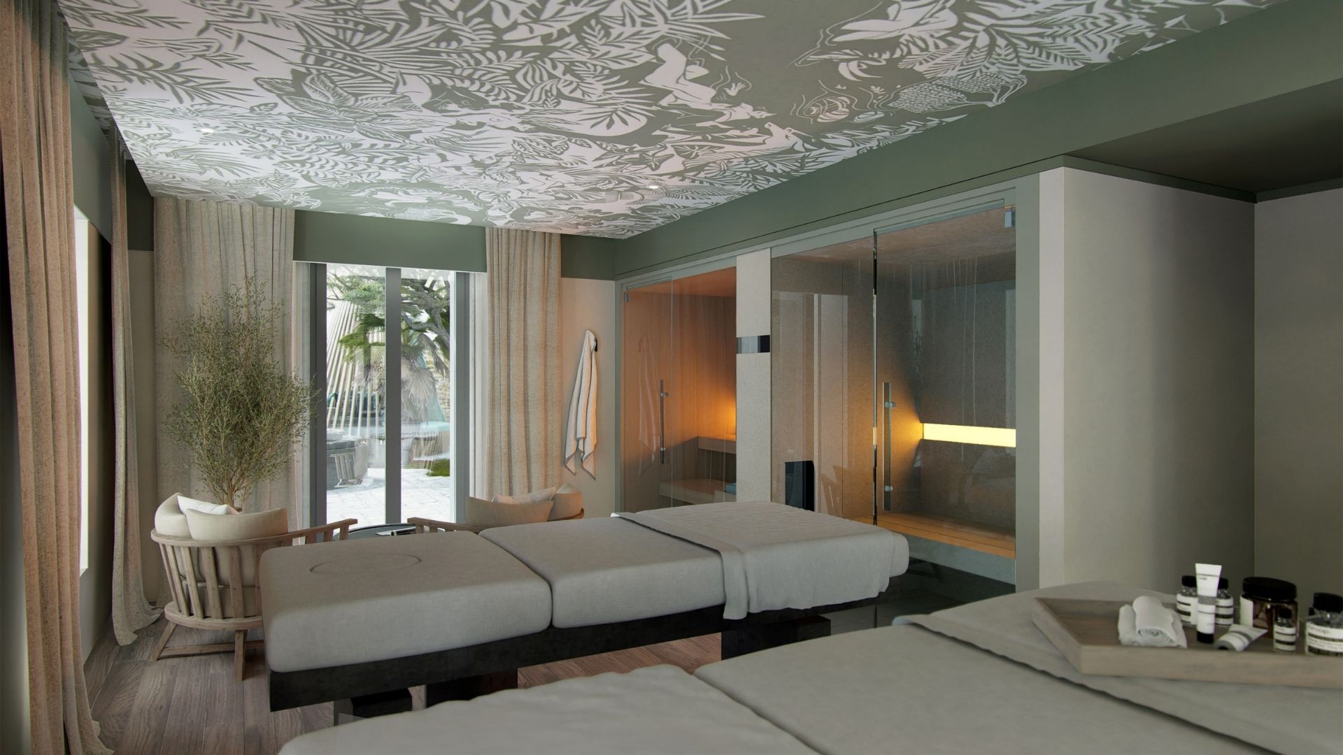 Espace sauna raffiné du spa au Grand Hôtel de Courtoisville à Saint-Malo, hôtel spa 4 étoiles proche de la mer.