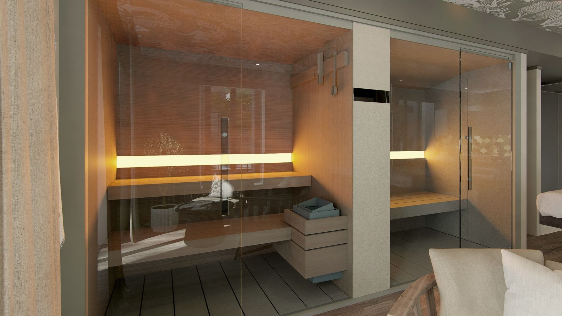 Sauna relaxant du spa du Grand Hôtel de Courtoisville à Saint-Malo, hôtel spa 4 étoiles proche de la plage du Sillon.
