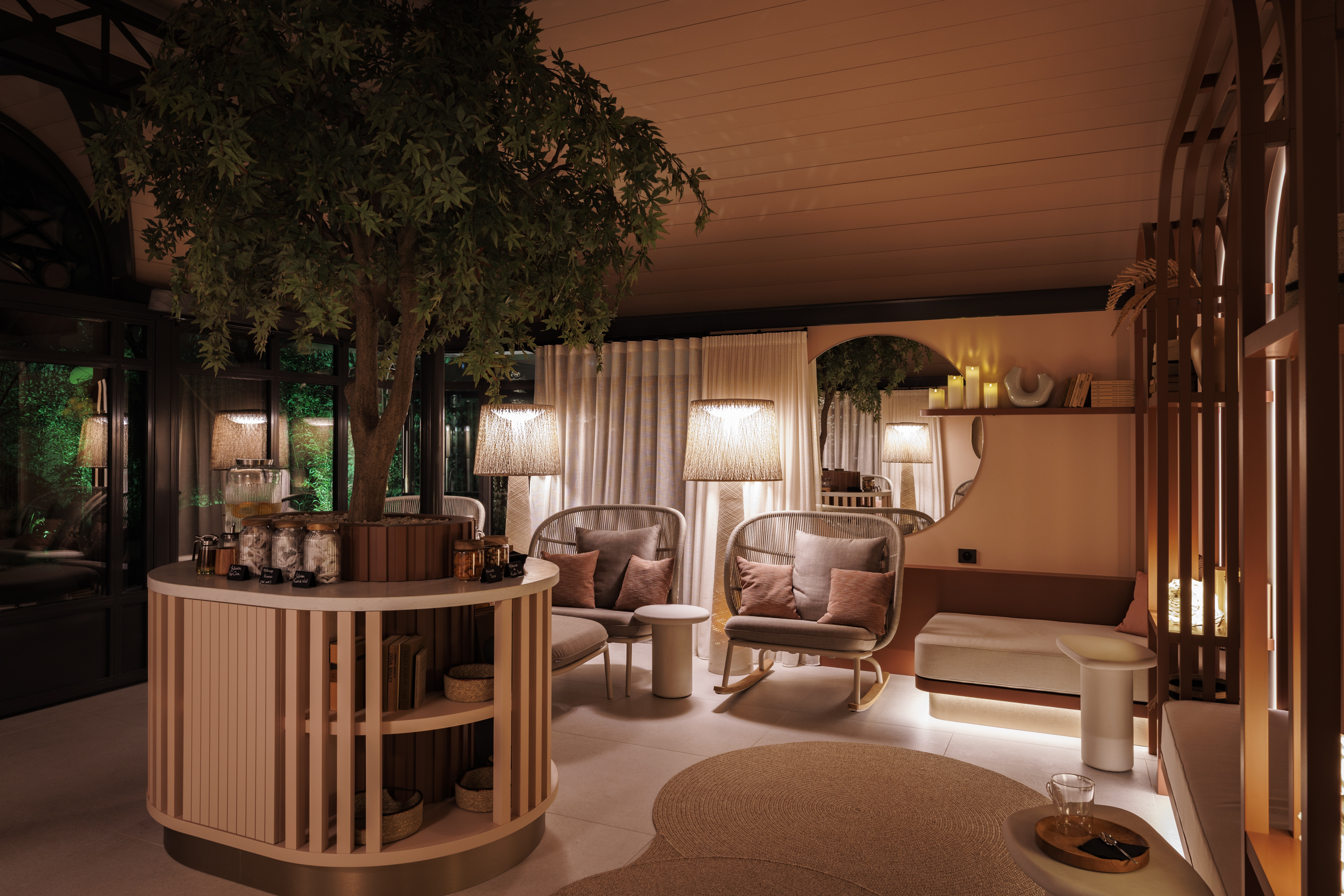 Comptoir du spa au Grand Hôtel de Courtoisville à Saint-Malo, avec soins du corps et du visage.