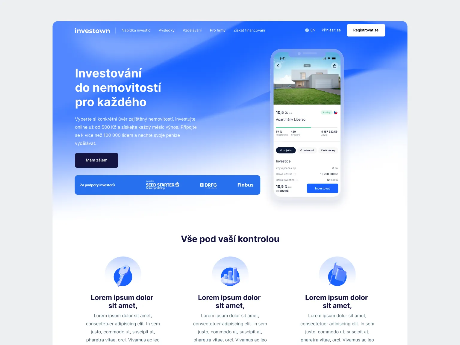 Ukázka designu webu Investown