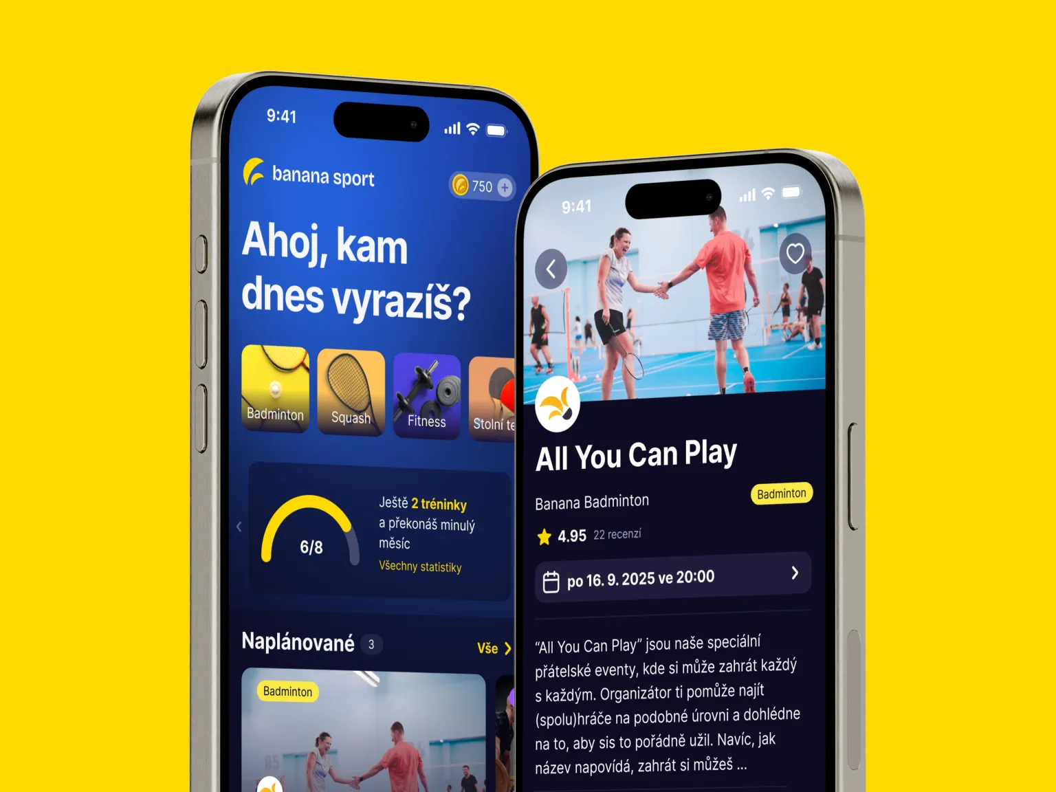 Ukázka designu mobilní aplikace Banana Sport