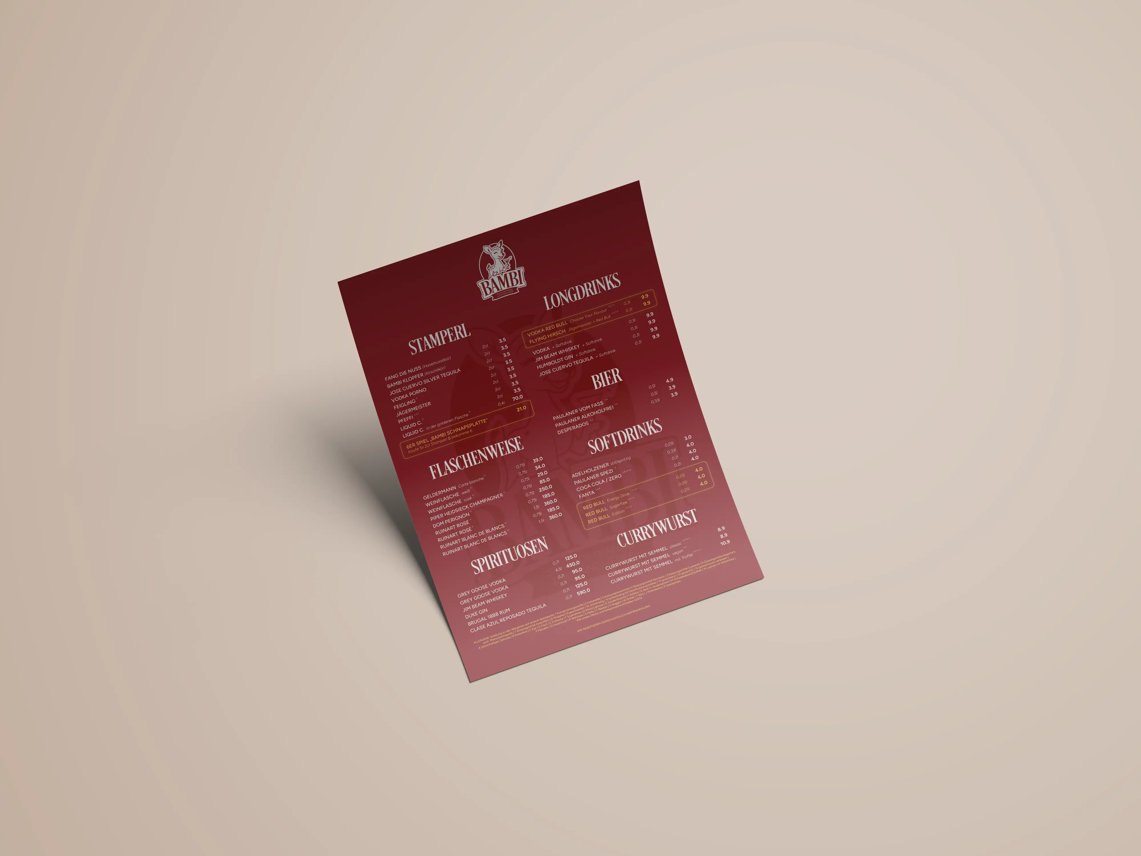 Bambi Bar Getränkekarte