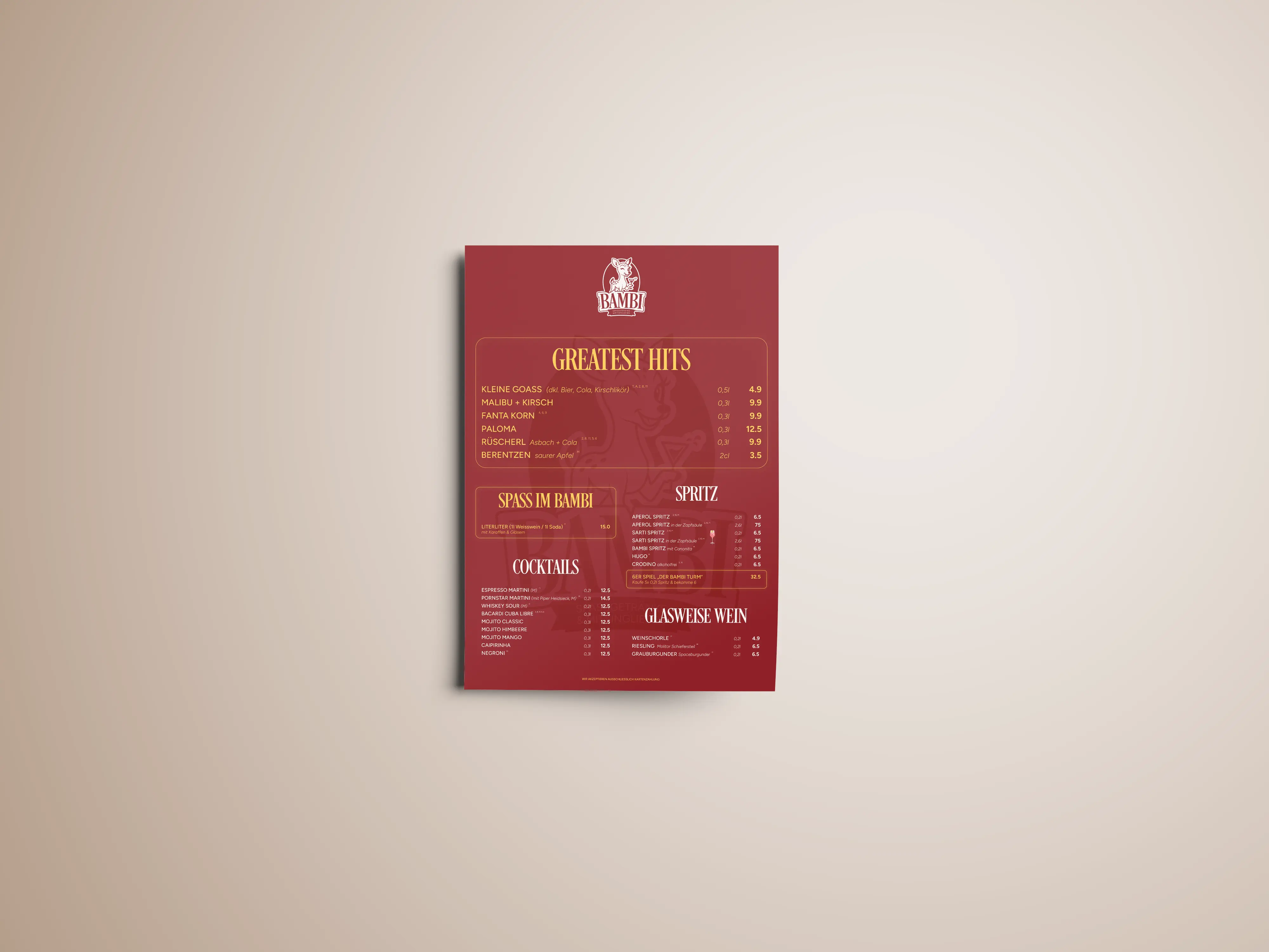 Bambi Bar Getränkekarte