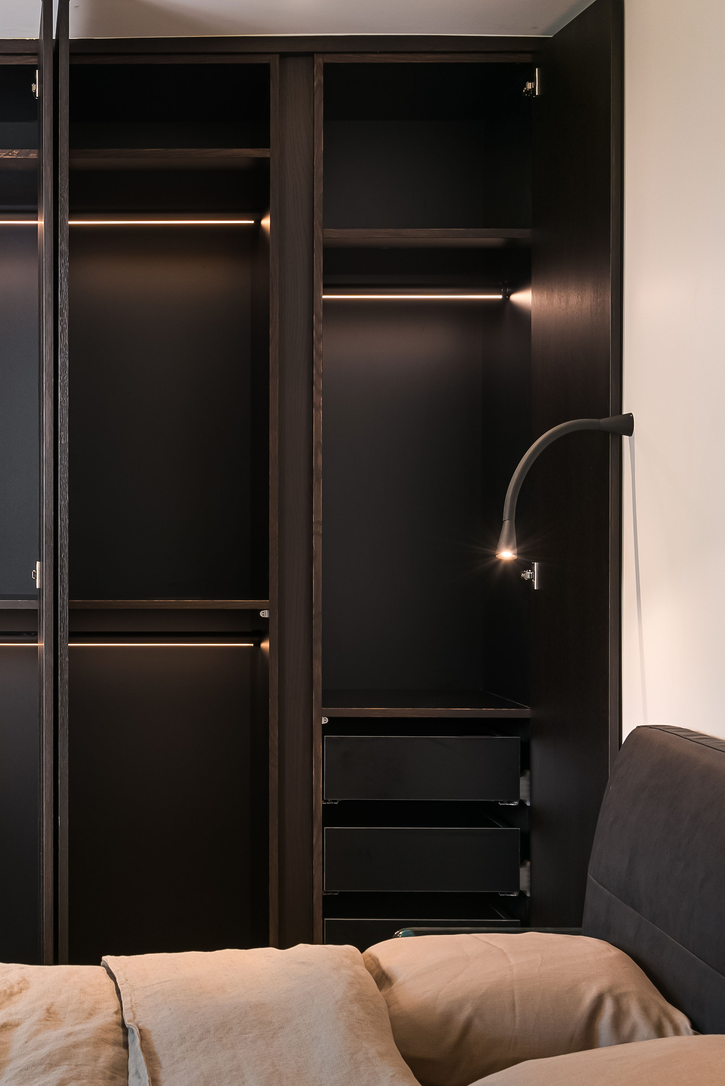 Custom bedroom storage and shelving, designed and installed by Goosen Inc for Spark Studios Inc