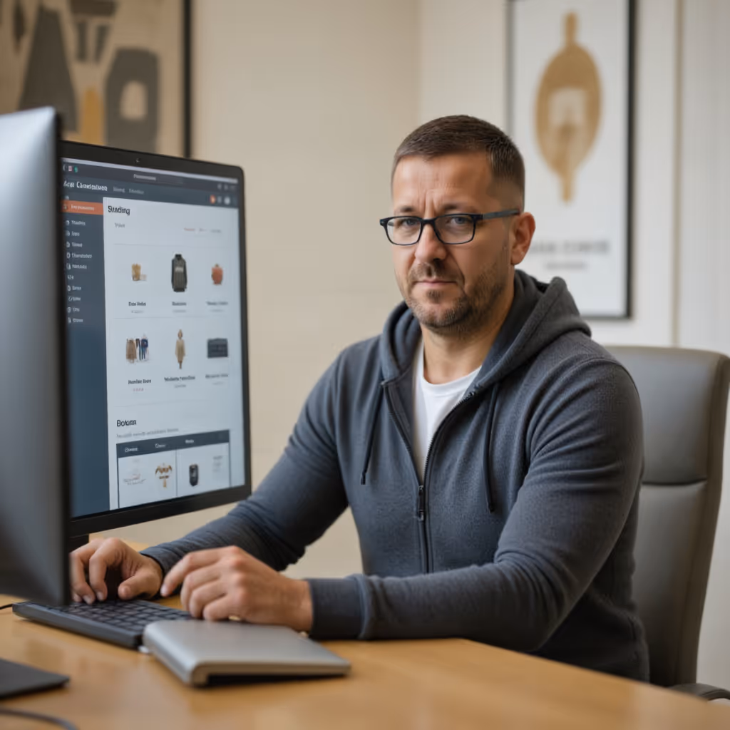 Überforderter Online-Händler vor komplexen Shopify-JTL-Wawi-Einstellungen am Bildschirm