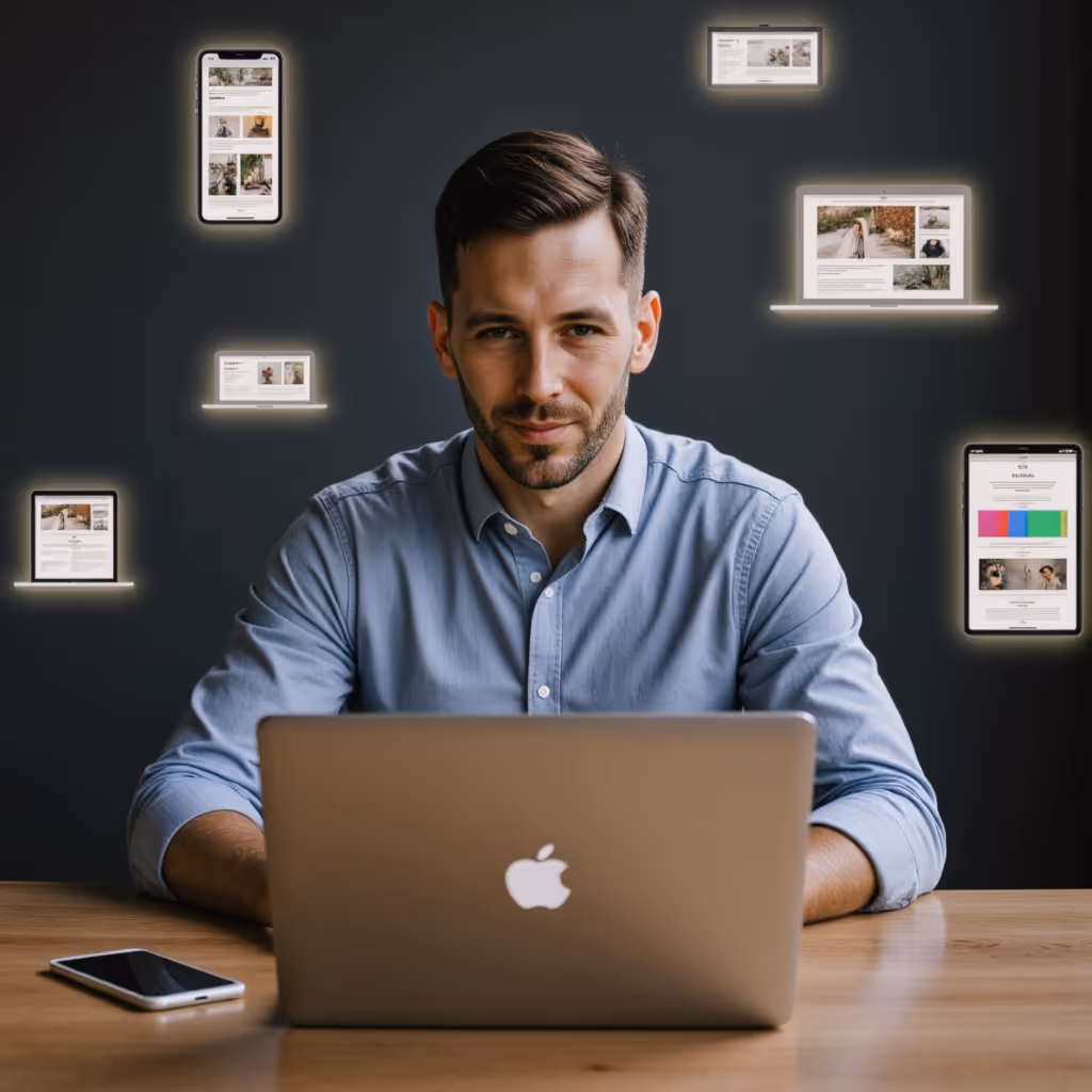 Online-Händler vor unübersichtlichem JTL-Shop mit fehlerhaftem AD Morris Setup, falschen Farben und langsamer Darstellung auf Laptop und Smartphone