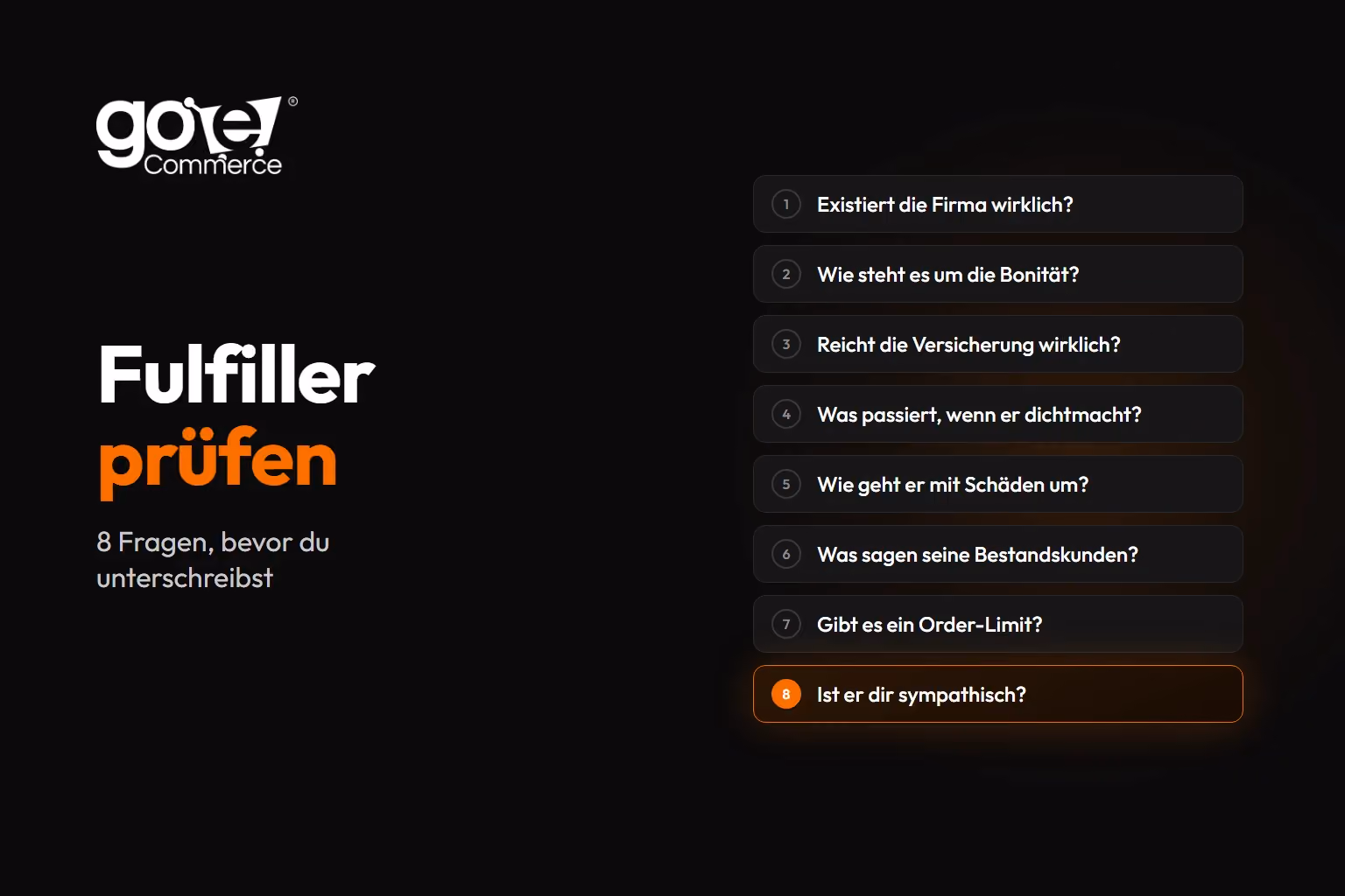 Fulfiller prüfen: 8 Fragen, bevor du unterschreibst, als Checkliste