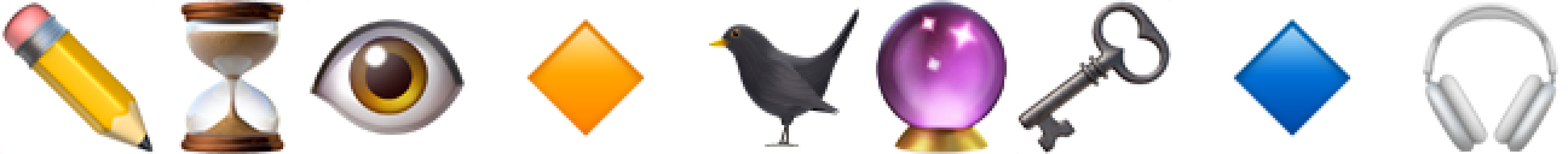 Row of nine emojis: pencil, hourglass, eye, orange diamond, black bird, purple crystal ball, vintage key, blue diamond, and headphones.