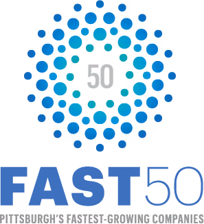 FAST 50 logo featuring a circular pattern of blue dots around the number 50 and text reading Pittsburgh's fastest-growing companies.