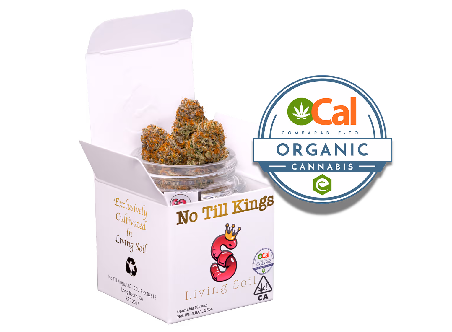 A glass jar of cannabis buds in a No Till Kings "Living Soil" box is shown beside a magnifying glass highlighting an OCal organic cannabis certification seal.