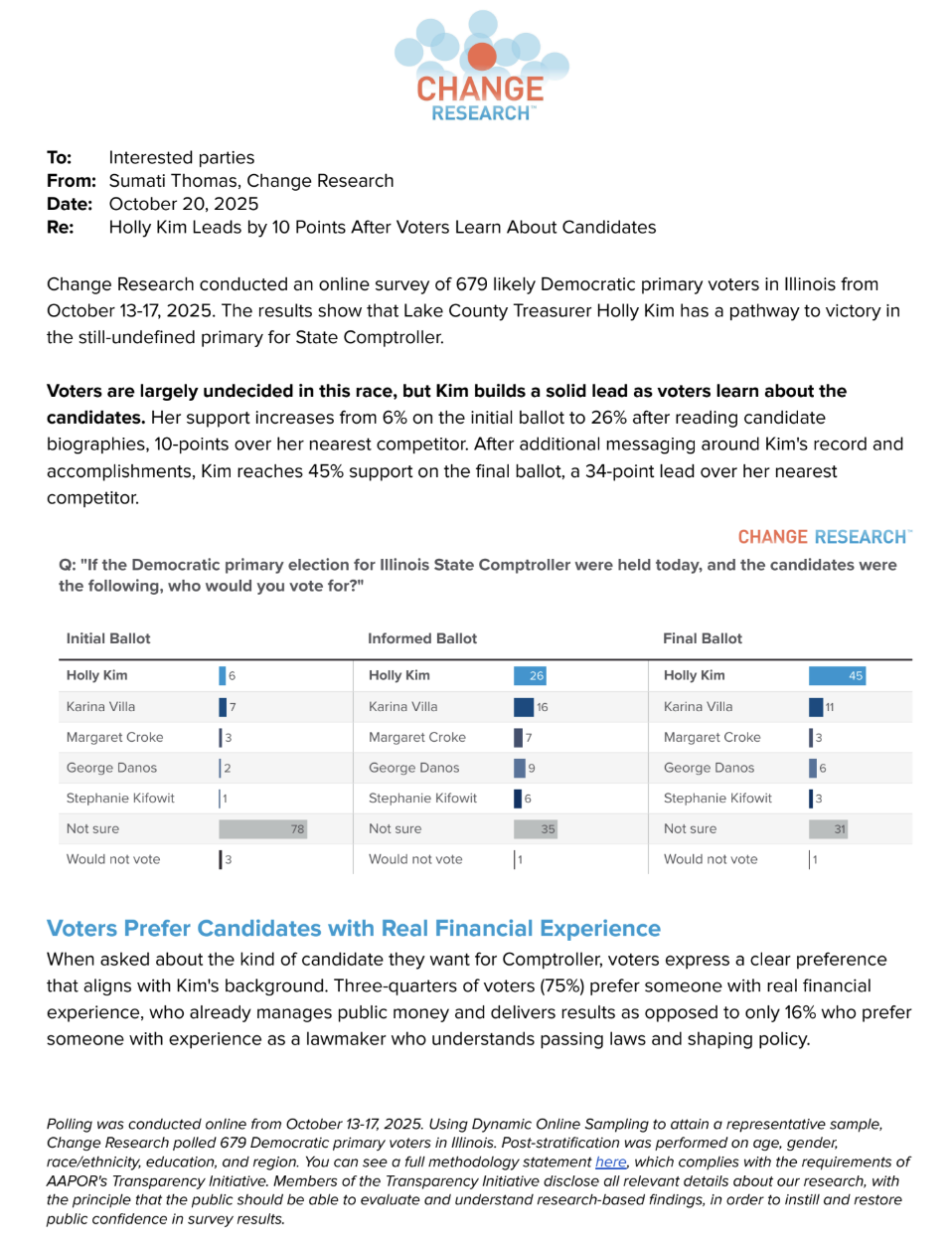 Voter poll conducted by Holly Kim for Illinois Comptroller
