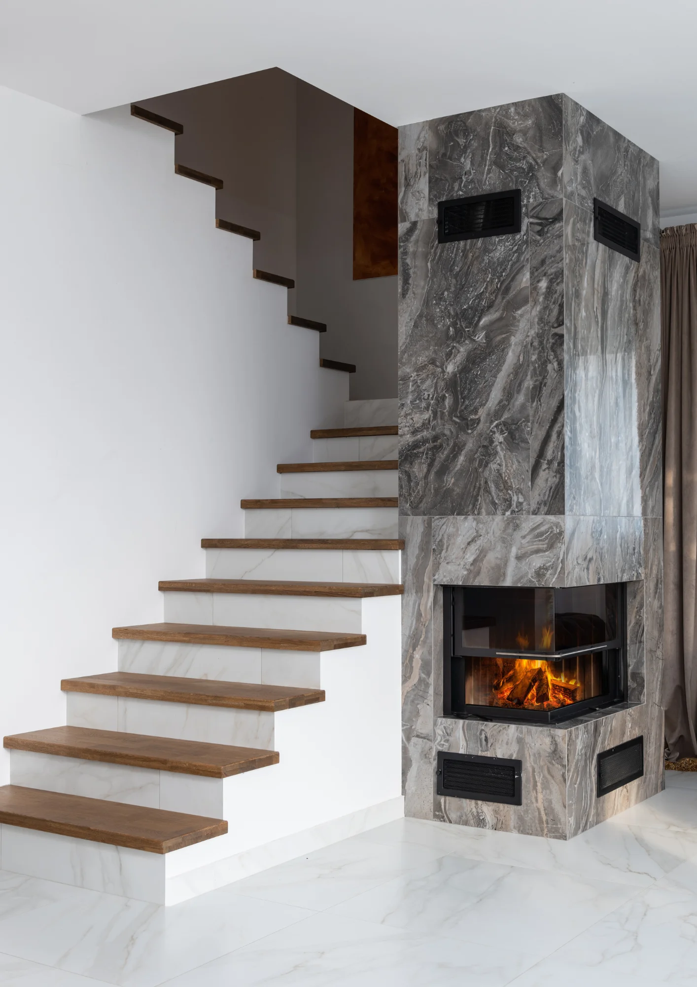 Luxurious fireplace in a modern house.