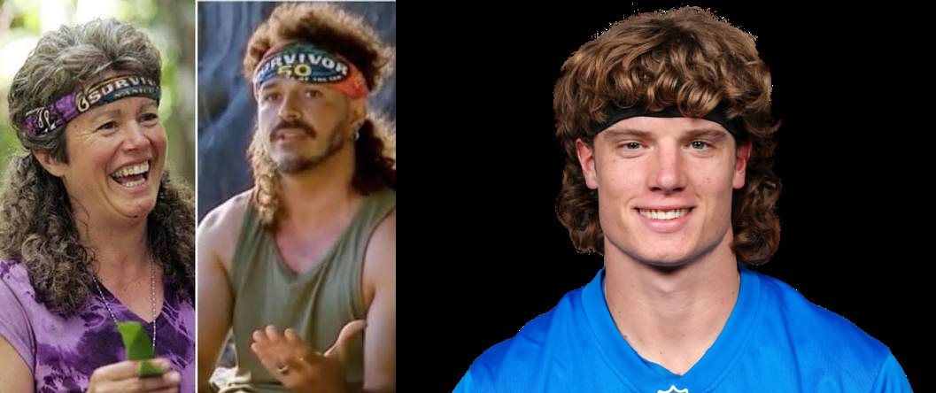 Shambo and Ozzy from Survivor pictured beside Lions receiver Isaac TeSlaa, all three sporting mullets