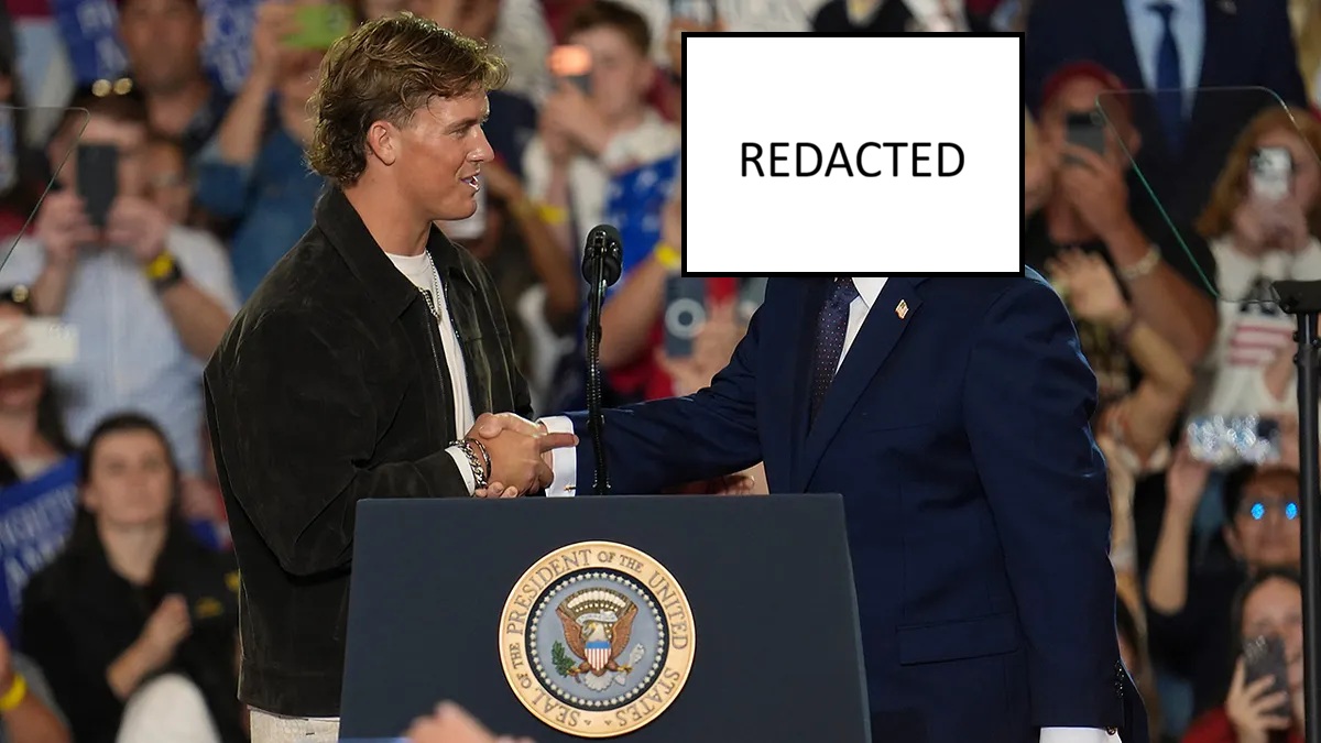 Giants quarterback Jaxson Dart photographed alongside Donald Trump, whose face has been blocked out