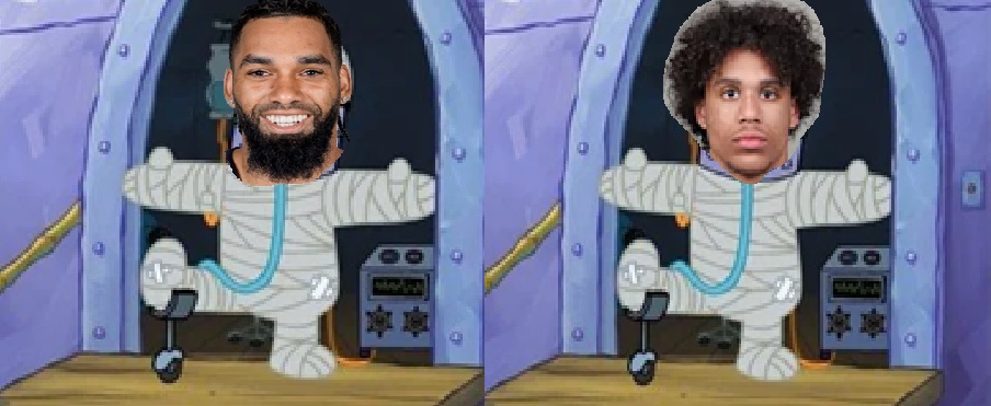 SpongeBob glass bones and paper skin scene with Chris Olave's and Jordyn Tyson's faces edited onto the characters