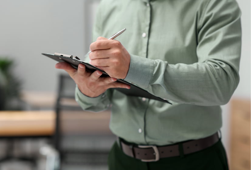 a home inspector taking notes