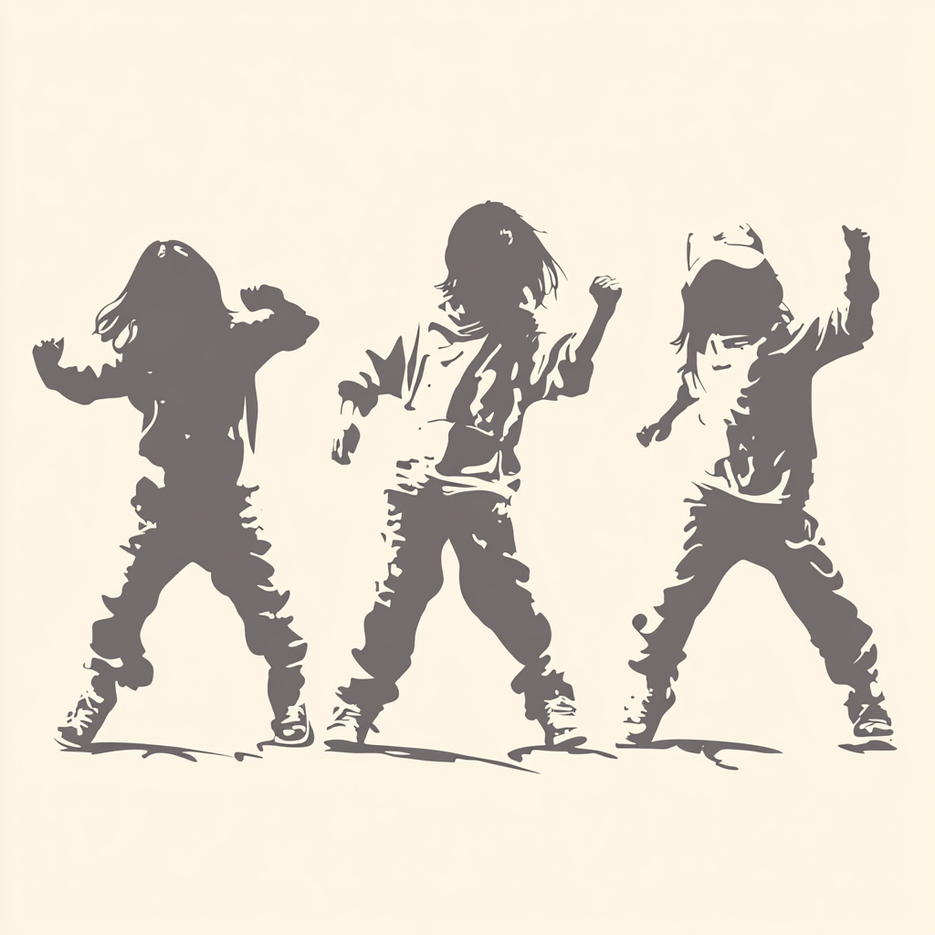 white silhouettes of 12 years old to 14 years old boys and girls dancing hip hop with hip hop outfits on a solid light beige background.It feels like they are all dancing on a strong beat