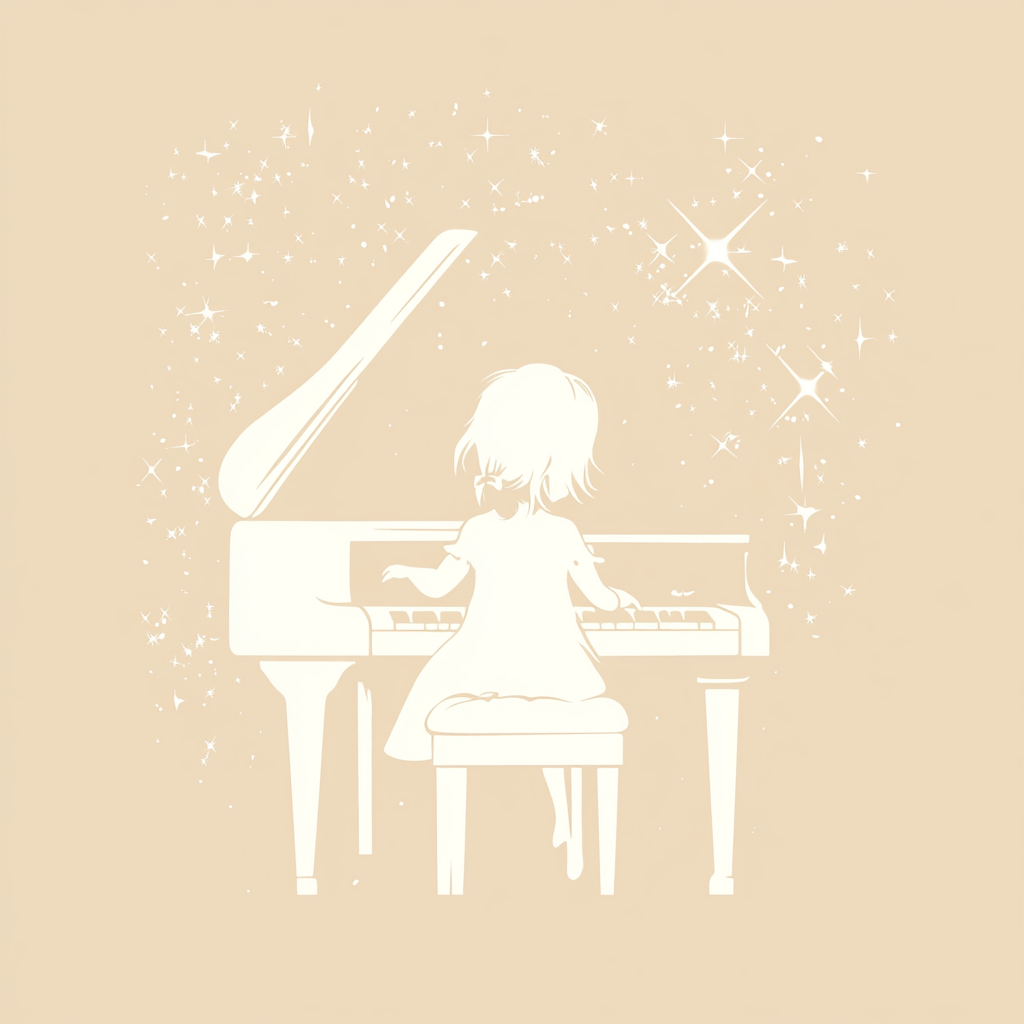 a white silhouette of a child playing piano on a solid light beige background surrounded by sparkles