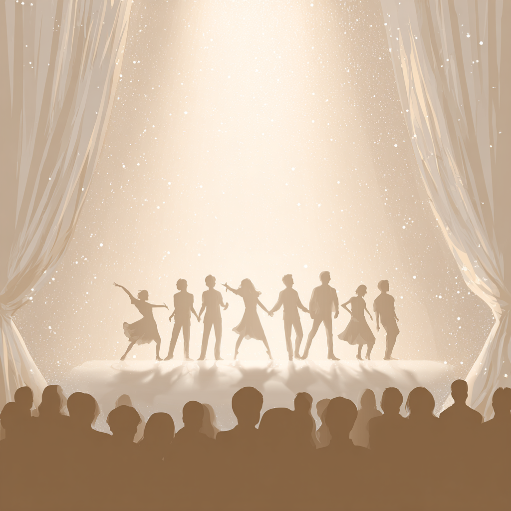 white silhouettes of teenagers acting on a large elevated stage on a solid light beige background, surrounded by a few sparkles , minimalist and elegant composition.the frame is composed of white curtain on both side and top and there are shadows of an audience watching the white silhouette onstage