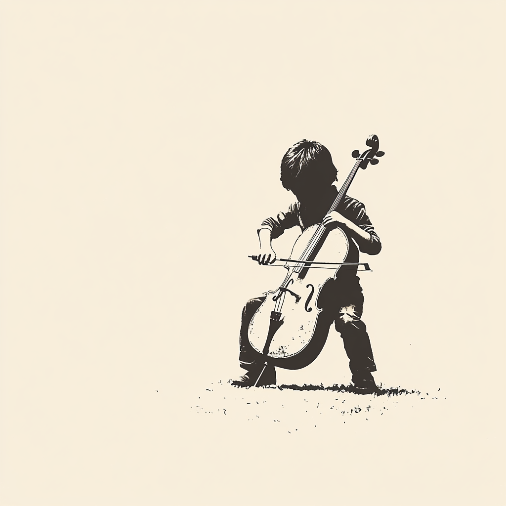 a white silhouette of a child playing cello on a solid light beige background