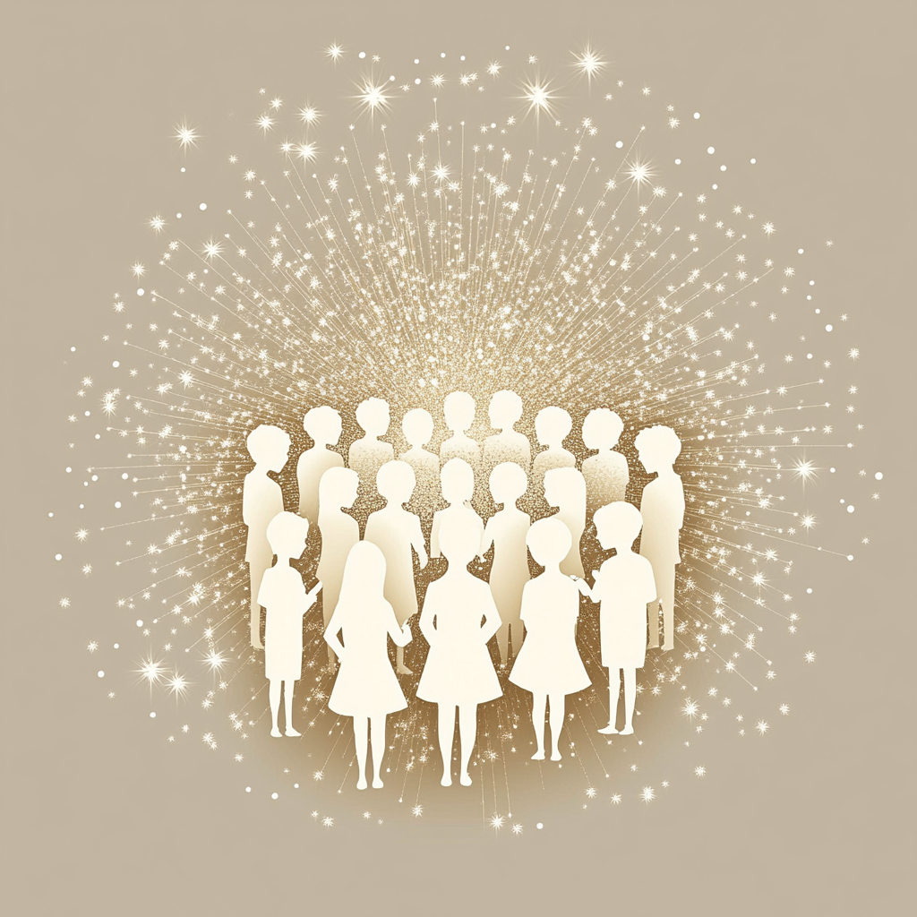 white silhouettes of a chidlren's choir on a solid light beige background surrounded by sparkles