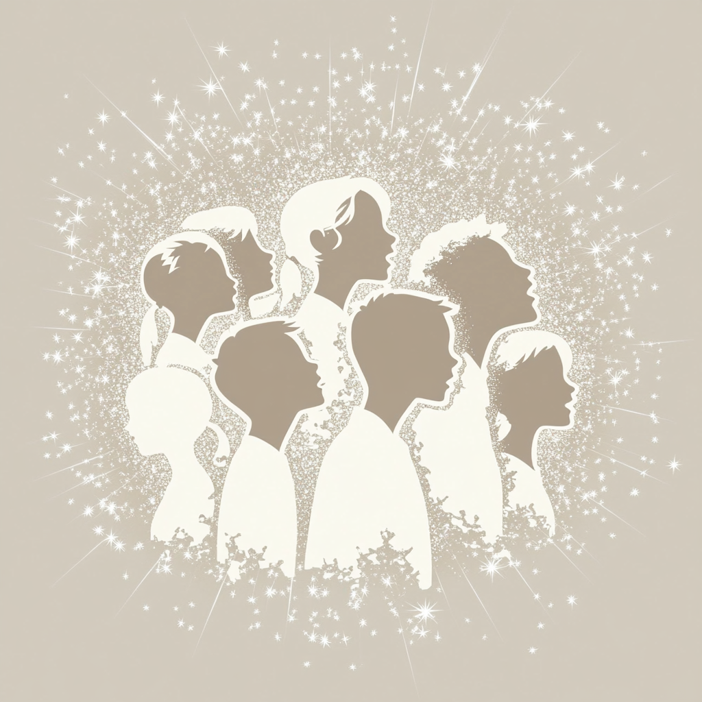 white silhouettes of a children's choir on a solid light beige background surrounded by sparkles