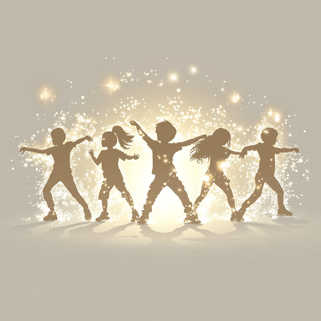 white silhouettes of 6 years old boys and girls dancing hip hop with hip hop outfits on a solid light beige background surrounded by sparkles
