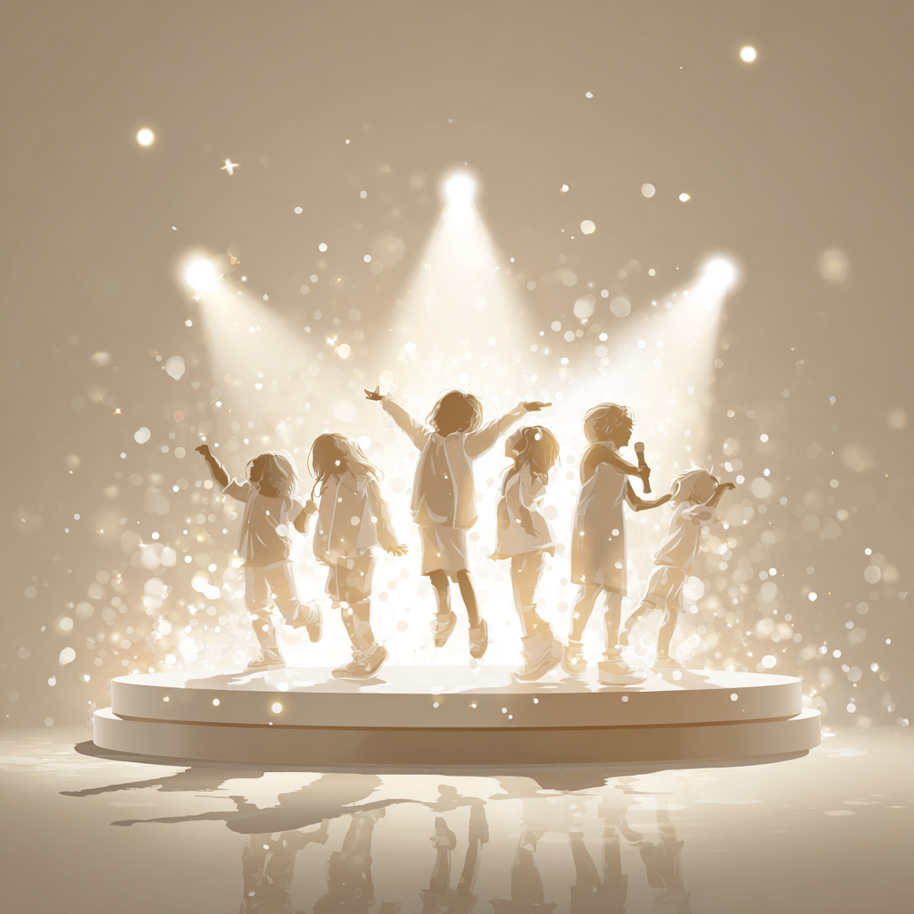 group of young children white silhouette age 12 dancing on an elevated rounded stage at the superbowl,surrounded by sparkles and illuminated by 3 spotlights on top .the surrounding is stylized in white on solid light beige background.the children wear cool outfit
