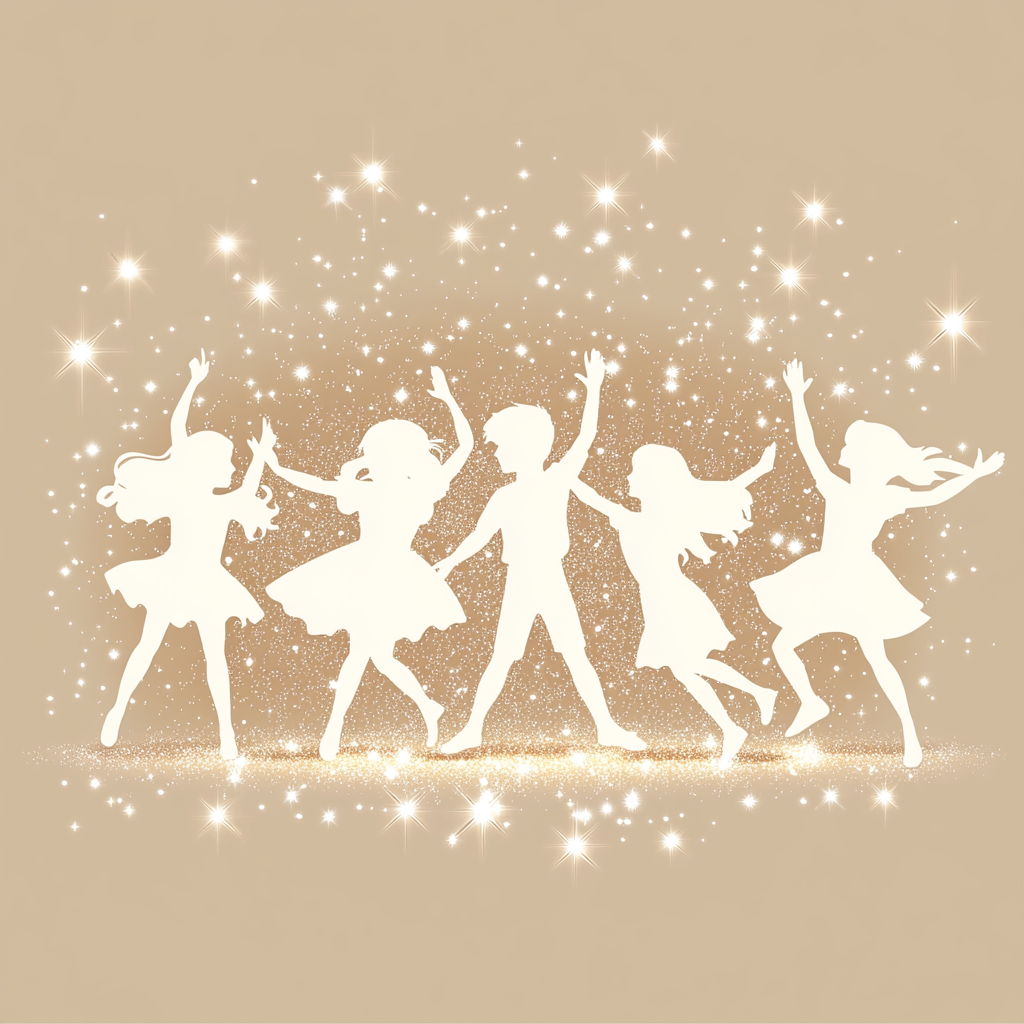 white silhouettes of boys and girls doing musical theater on a solid light beige background surrounded by sparkles