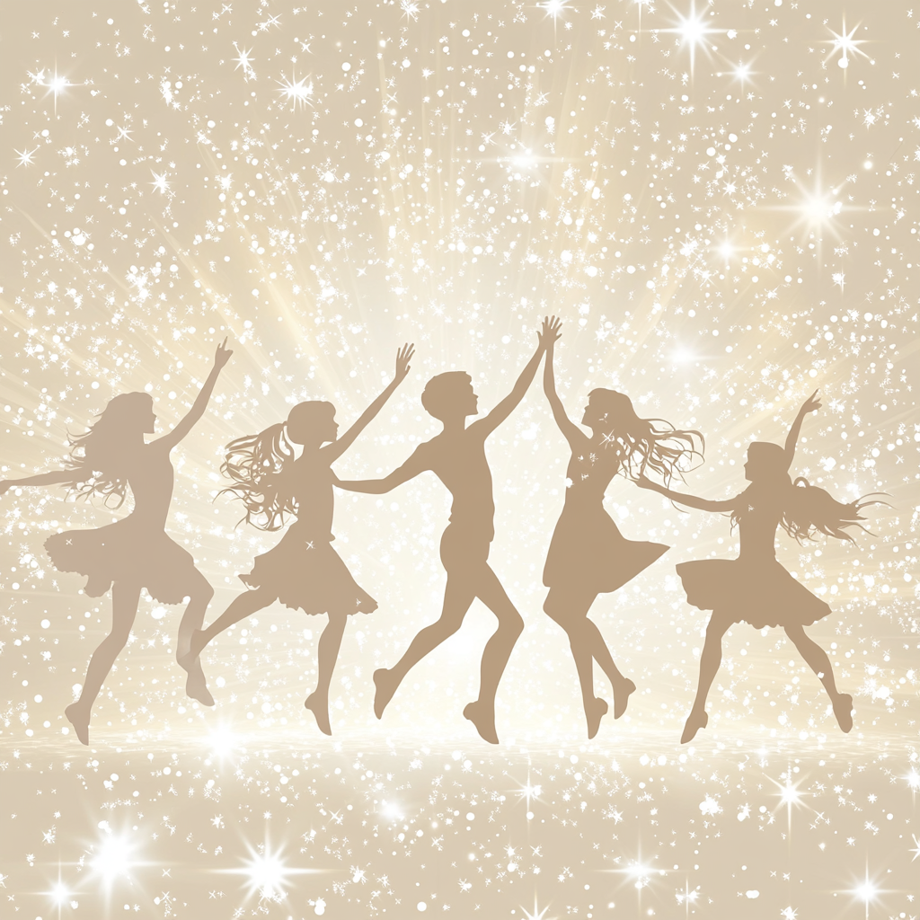 white silhouettes of boys and girls doing musical theater on a solid light beige background surrounded by sparkles