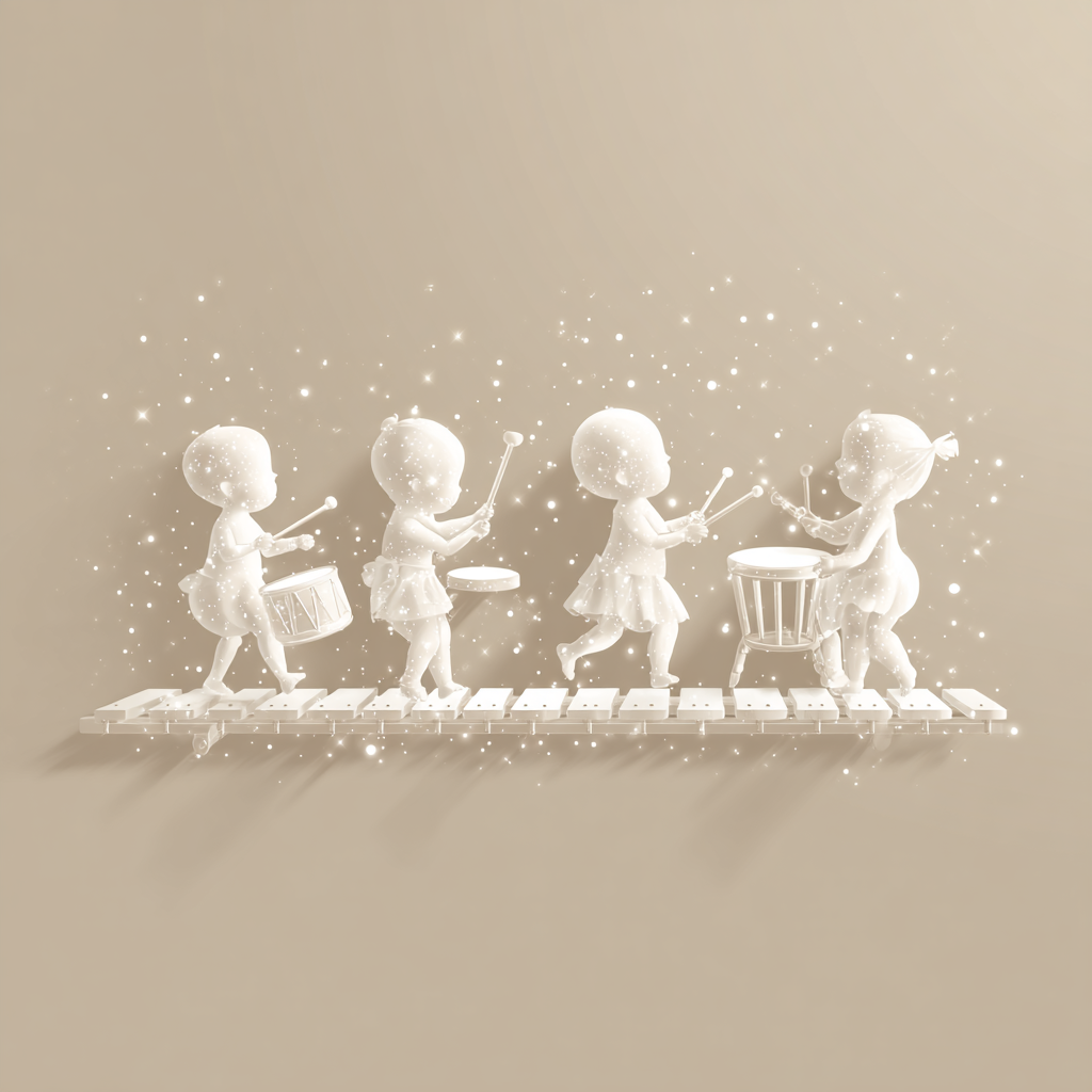 white silhouettes of babies playing white instruments like a white xylophone, white djembe, white tambourine, and white flute on a solid light beige background, surrounded by sparkling effects, minimalist and elegant composition, marimbas lined up in rows