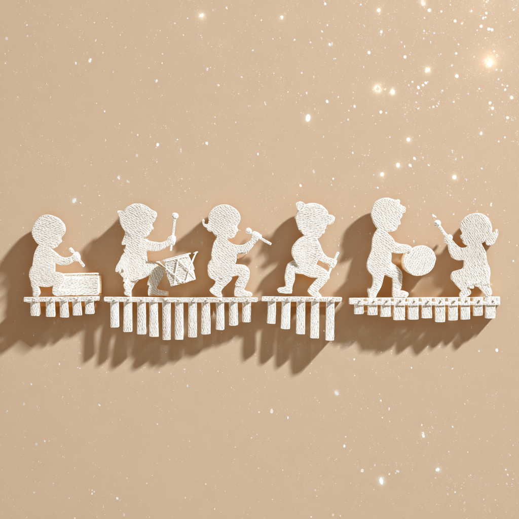 white silhouettes of babies playing white instruments like a white xylophone, white djembe, white tambourine, and white flute on a solid light beige background, surrounded by sparkling effects, minimalist and elegant composition, marimbas lined up in rows