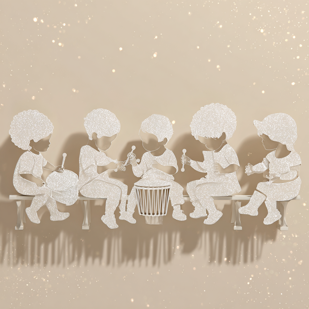 white silhouettes of babies playing white instruments like a white xylophone, white djembe, white tambourine, and white flute on a solid light beige background, surrounded by sparkling effects, minimalist and elegant composition, marimbas lined up in rows