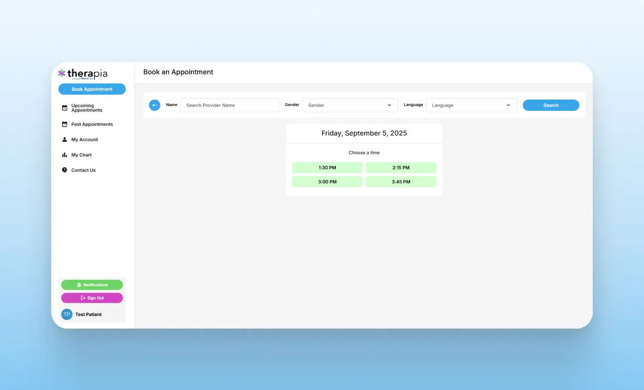 Confirming dat and time in Therapia app.