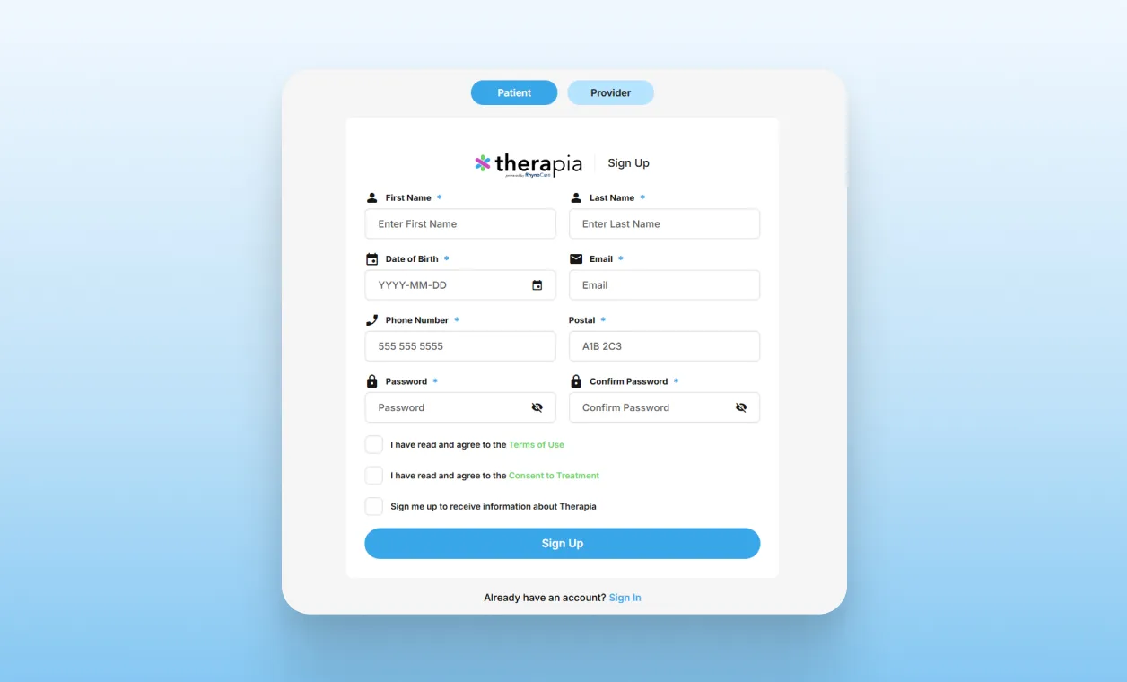 Creating account in Therapia app.