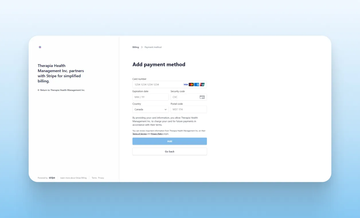 Adding payment method to Therapia app.