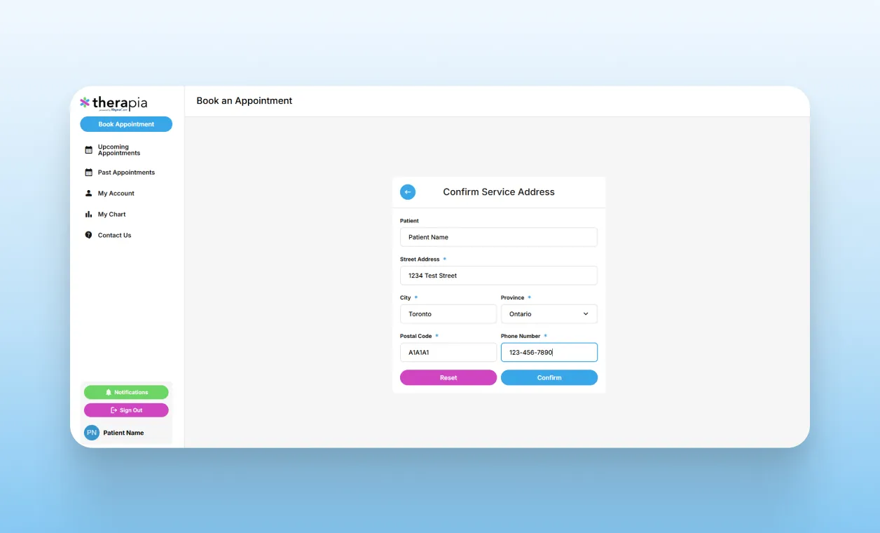 Confirming address in Therapia app.